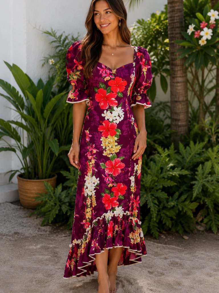 Nwot Hawaii Muu Muu Maxi Purple Floral Dress Puff Sleeve Size S